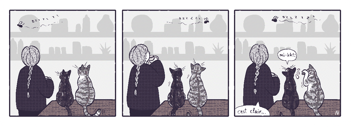 BD en trois panneaux d'un personnage et de deux chats qui regardent voler une mouche